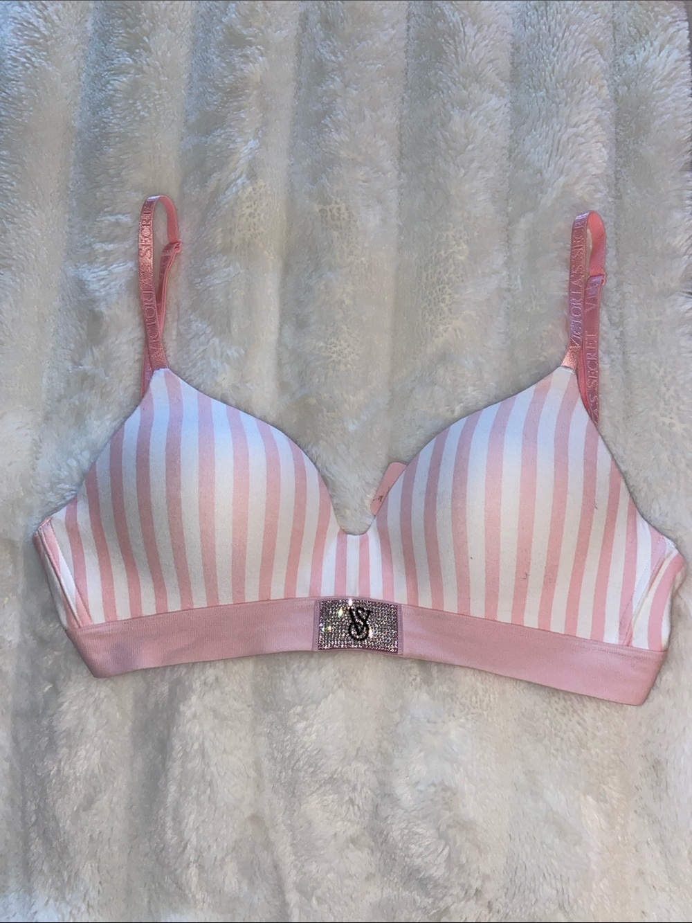 Victoria's Secret Pink & White Striped Wireless Bra with Rhinestone Logo